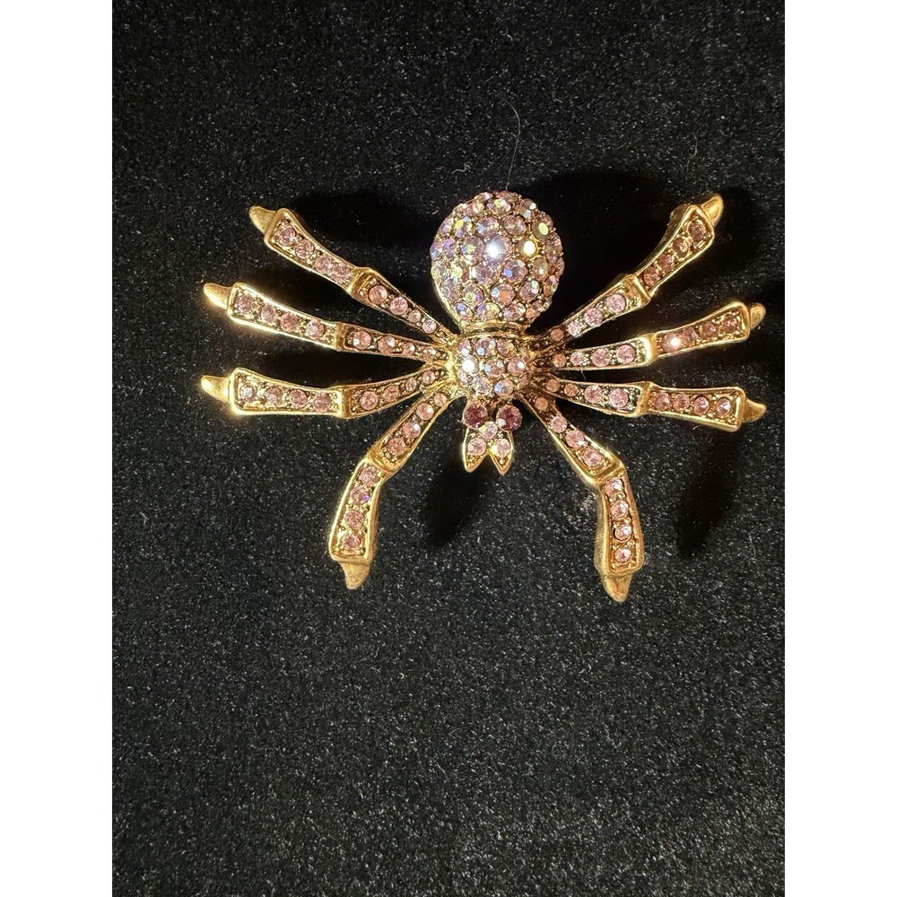 Vintage Spider Brooch Pin Gold Tone Purple Eyes Pink Rhinestone Halloween